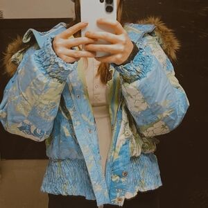 Obermeyer Women's Blue and Green Jacket with Fur Hood